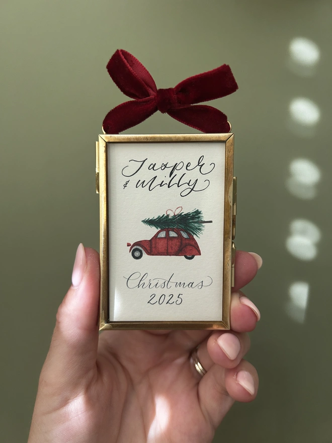 Personalised 2025 Mini Frame Christmas Tree Decoration with Car Illustration