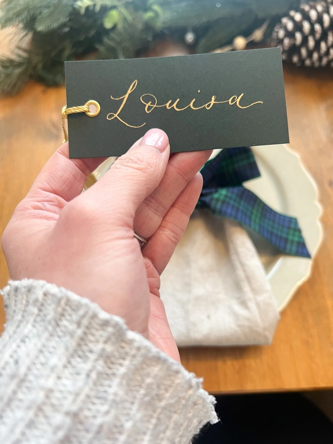 Personalised Calligraphy Green Christmas Place Cards 