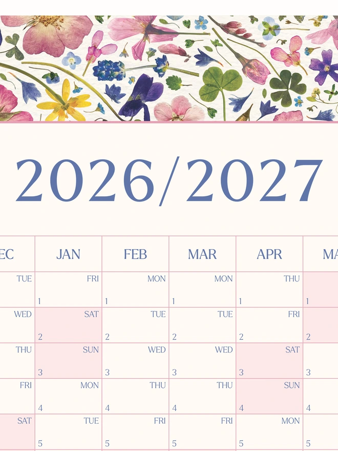 A pretty floral academic year wall planner. A calendar with months from September 2026 to August 2027, showcasing a delightful pressed flower design created from colourful pressed flowers. Perfect for bringing a touch of the outdoors to any studio, home office or workspace.