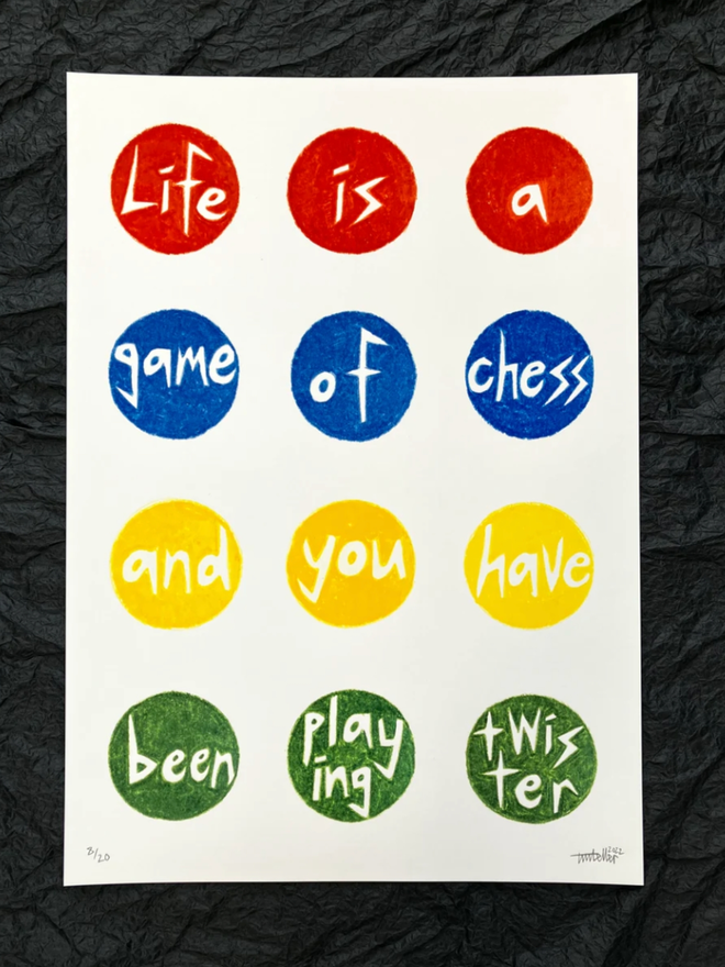 Life is a Game of Chess Print. A multicoloured design in the style of a twister board.