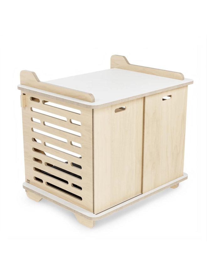 wooden dog crate side view exterior doors