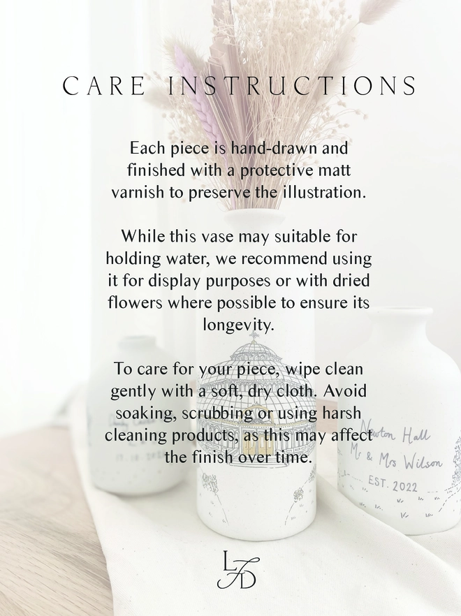 The care instructions for a ceramic vase with a black hand drawn illustration