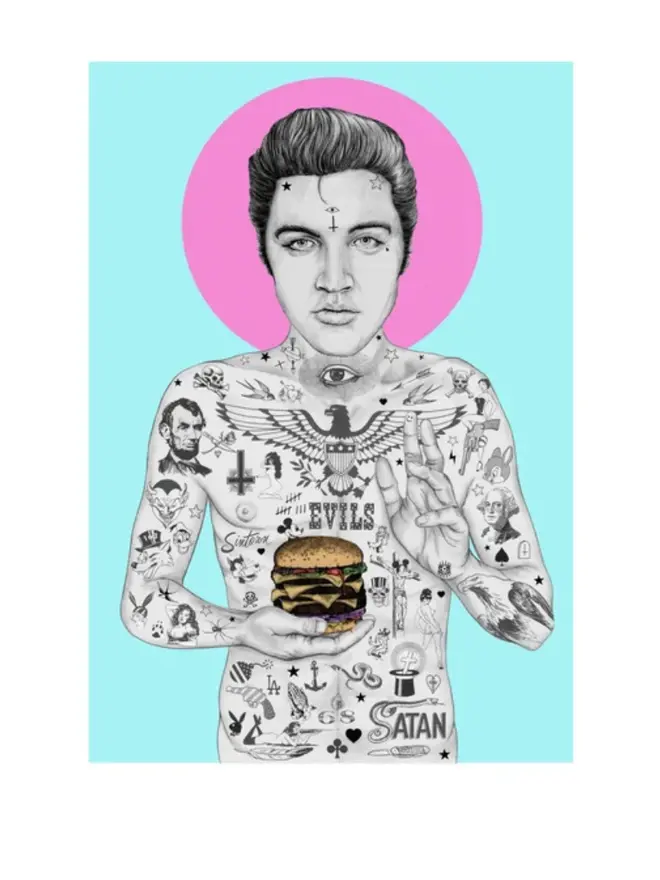Tattooed portrait of Elvis Presley holding a cheeseburger against a blue background with a pink halo.
