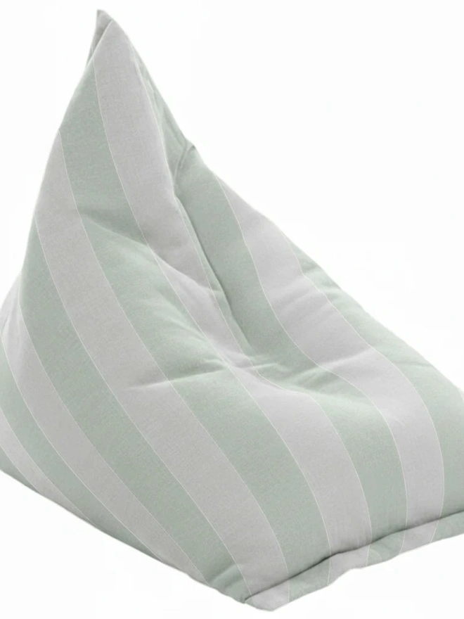 Hand Painted & Repurposed Linen Bean Bag Striped Chair, a colourful metallic silver striped bean bag chair against a white background. 
