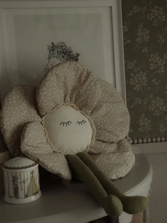Beige Flower Pillow, Baby Girl Nursery Decor, Botanical Wall Hanging