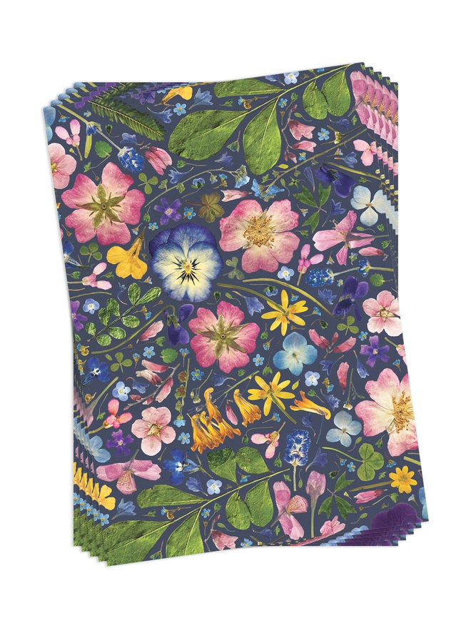 Pack of 5 Folded birthday wrapping paper sheets with a floral design created from pressed flowers.