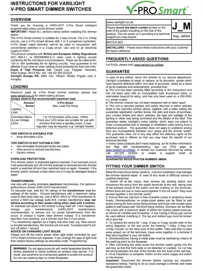 Light switch fitting instructions leaflet for Varilight v-pro smart dimmer switch JQM101W by Candy Queen Designs.