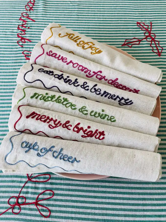 Embroidered Christmas Phrase Napkins (Set Of 6)