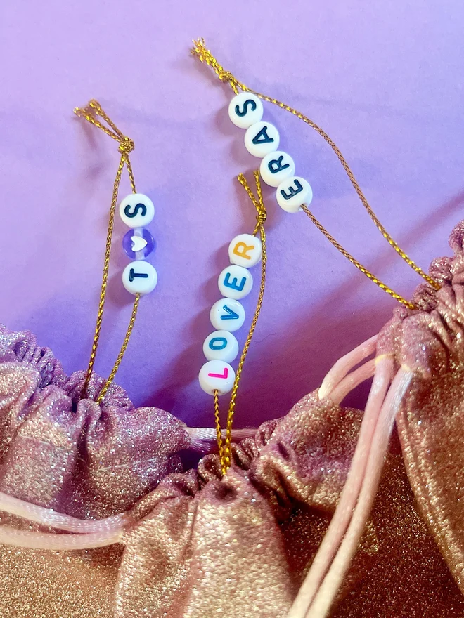 Beads on ornament. Eras, Lover, Taylor Swift initials