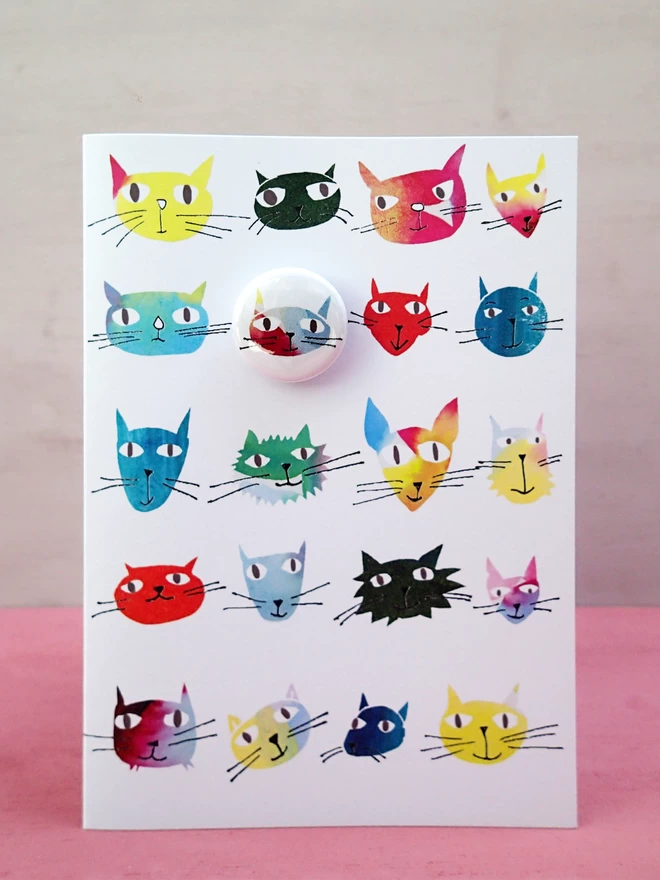 Lots of colourful cats greeting card with badge