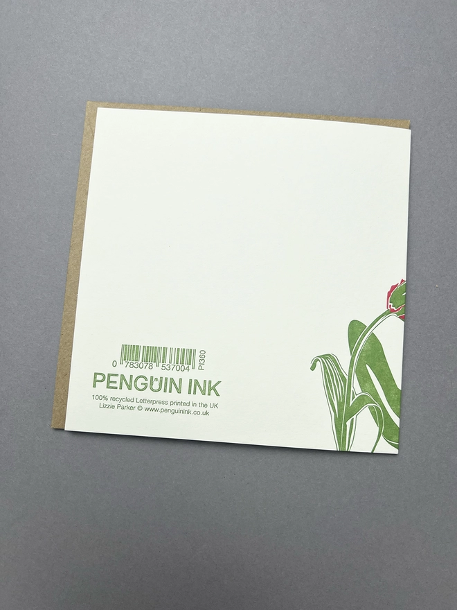Back of the card with a stem and leaves from the Tulips and the Penguin Ink logo and barcode