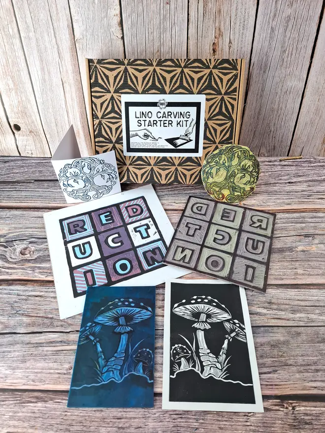 Lino stamp carving kit showing ideas for carving