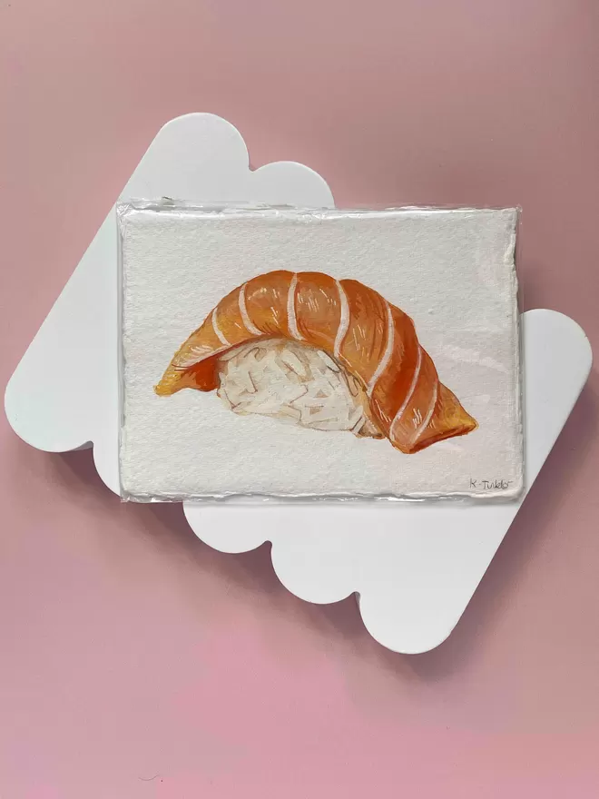 A salmon nigiri sushi painted with gouache on textured white painting - an original one of a kind painting
