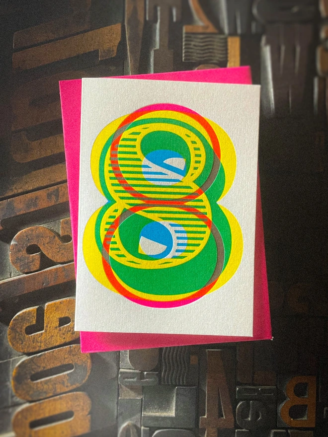 Handmade letterpress 8th birthday card featuring bold overlapping numerals printed in vibrant fluorescent cyan, magenta and yellow inks. Each card is individually hand printed using traditional letterpress techniques on luxury paper stock, creating a beautifully tactile finish with a deep impression and rich layered colours inspired by the CMYK printing process. Printed on a traditional letterpress from 1915. A wonderful artisan printed birthday card.