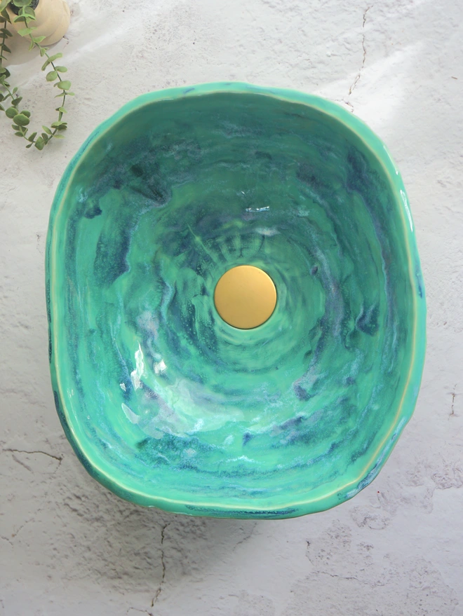 ceramic bathroom basin, ceramic sink, handcrafted sink, handcrafted basin, Jenny Hopps pottery, green basin, green sink