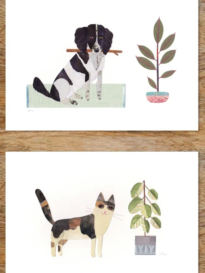 Examples of collage pet portrait commissions made by Lianne Harrison of Paperwhale Cards & Paper Goods
