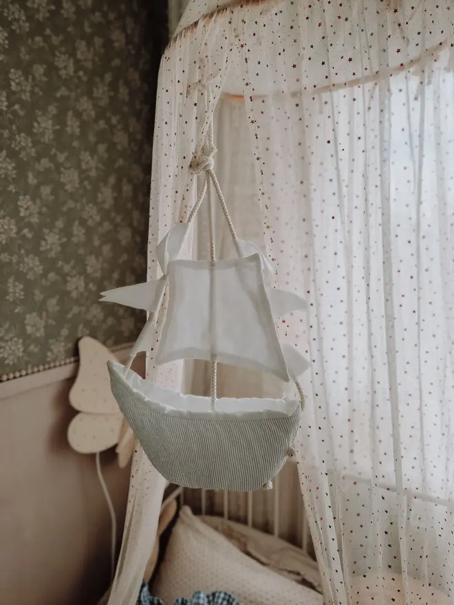 Linen Sailboat Crib Mobile, Nautical Baby Nursery Decor, Ocean Theme Hanging Ornament