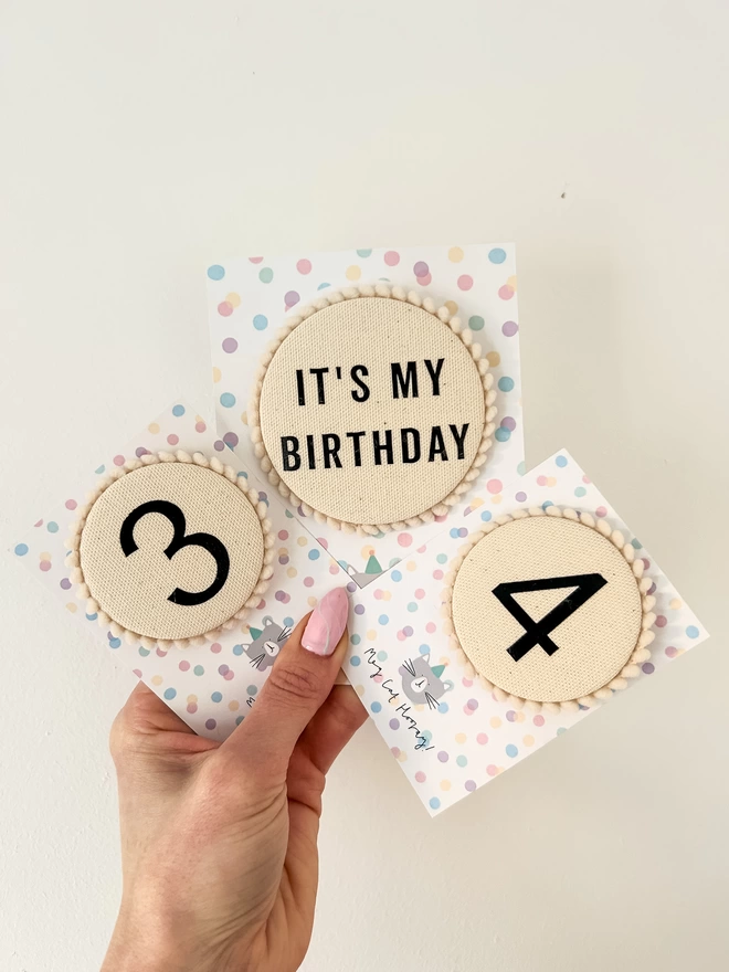 Natural Canvas and Black Birthday Badges. Age Badges and It's My Birthday