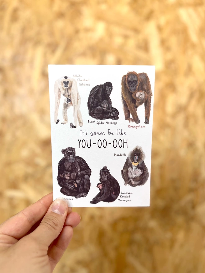 A greetings card featuring six different monkeys or apes with their babies, surrounding the phrase “it’s gonna be like you-oo-ooh”