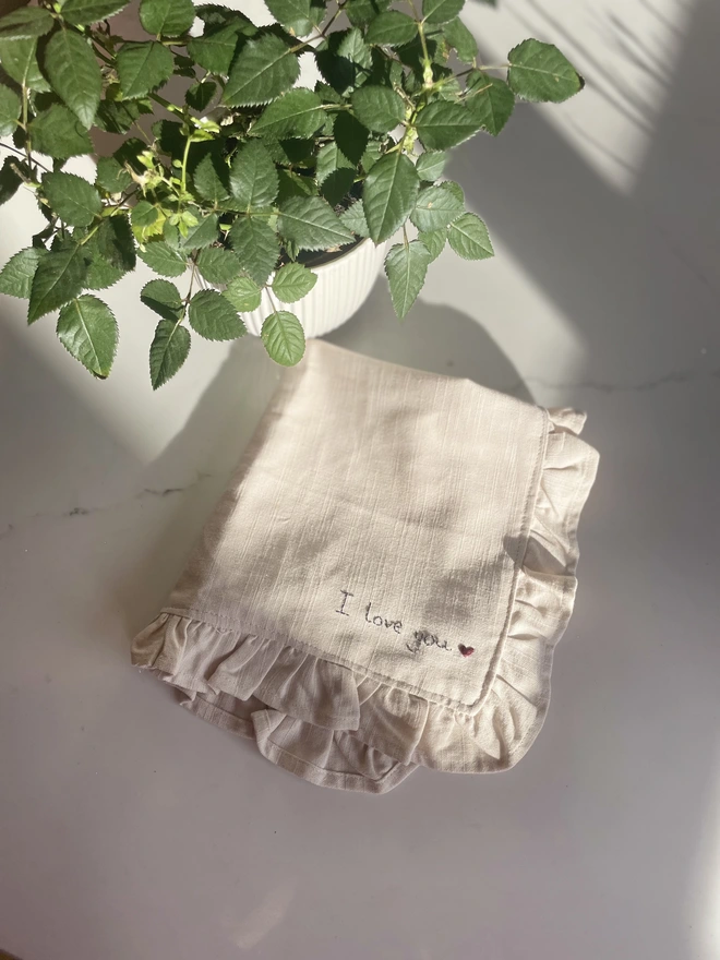 I love you_ruffle_Linen_Napkin_Valentines Day_Tablescape_BlossomandBramble_EMbroidery