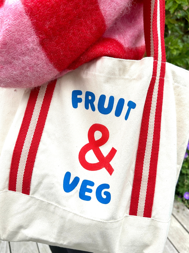 canvas tote bag with words 'fruit and veg' printed  