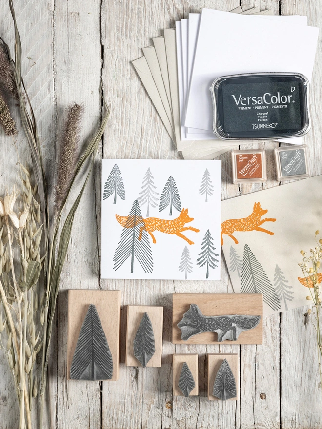 fox and fir tree rubber stamp craft gift set
