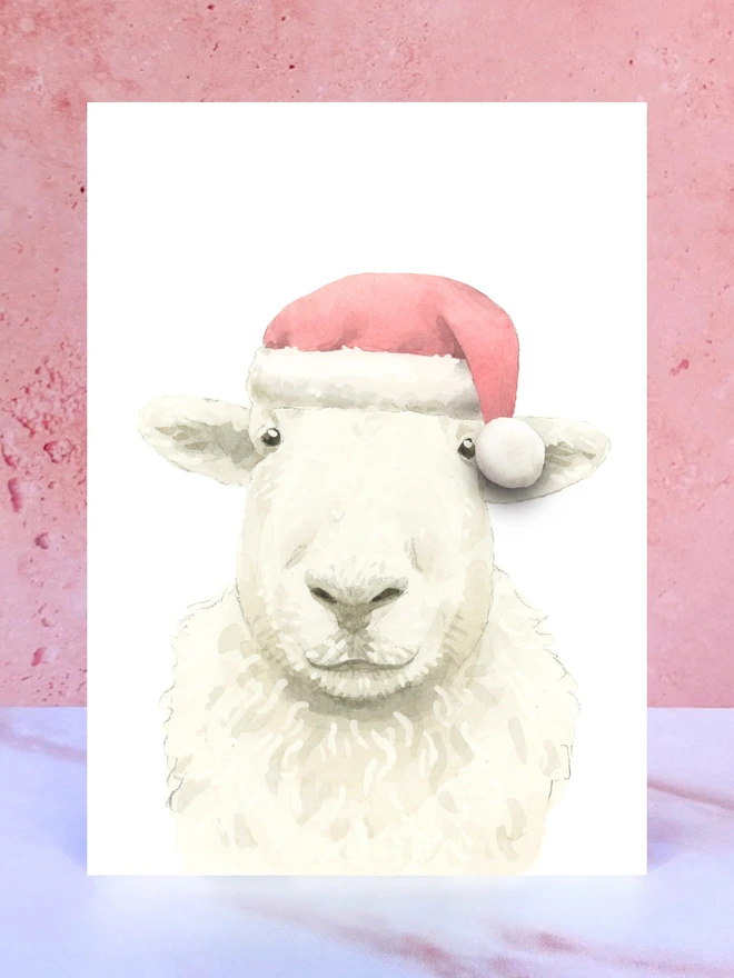 white sheep santa hat pompom christmas card