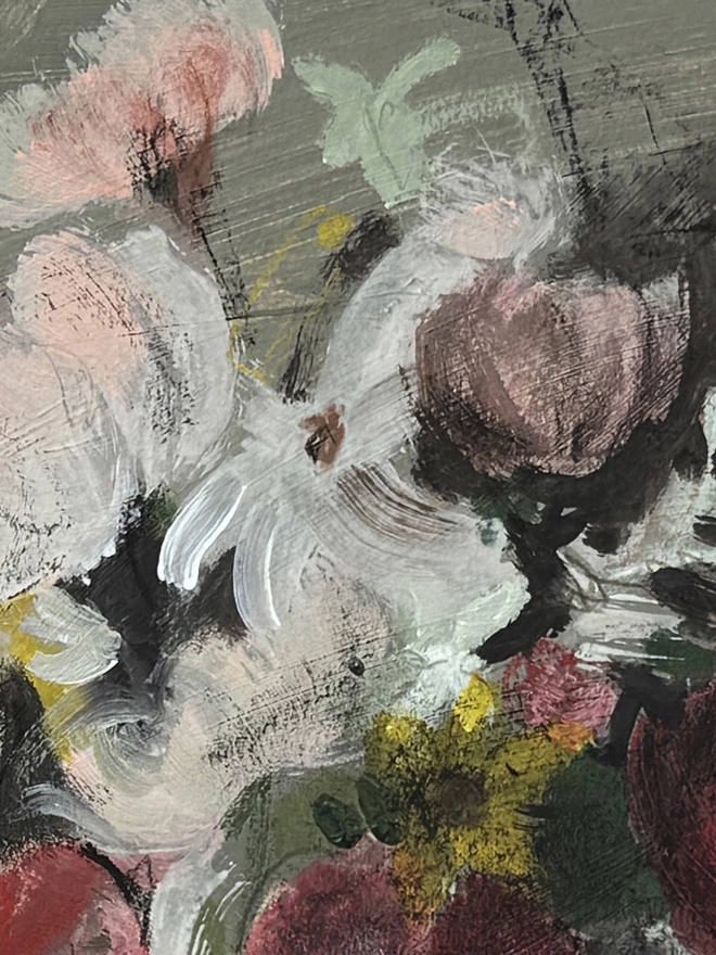 a print of a painterly floral bouquet with a sketchy feel and stripy tablecloth