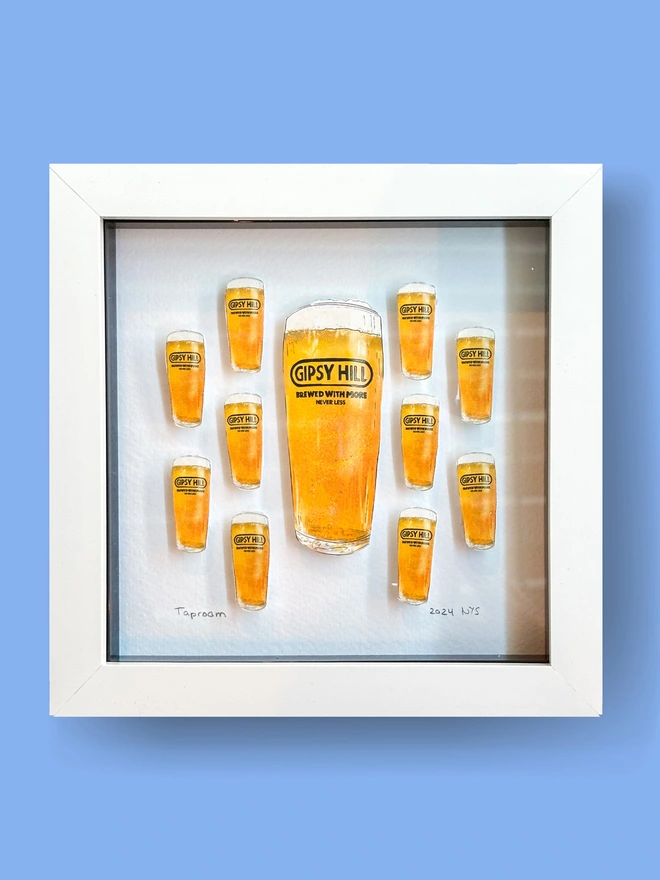 Paper collage featuring a collection of hand-drawn illustrated pint beer glasses, set against a white backdrop. Ideal for beer lovers, breweries, and craft beer enthusiasts, as well as those who appreciate quirky, beer-inspired artwork.