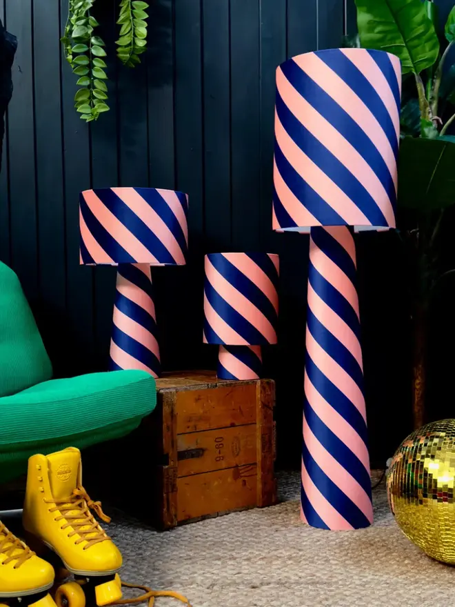 Portable Helter Skelter Velvet Lamps, in a room. 