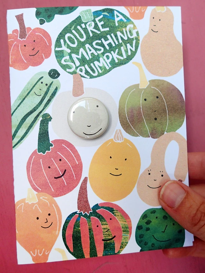 pumpkin, halloween greeting birthday card with pin badge