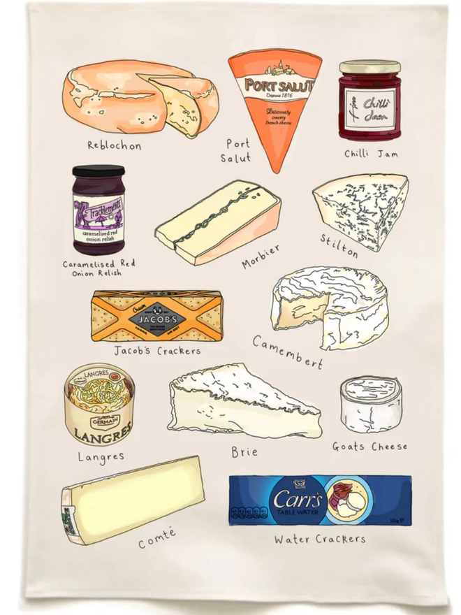 Cheese and Crackers tea towel. A tea towel printed with illustrations of cheese.