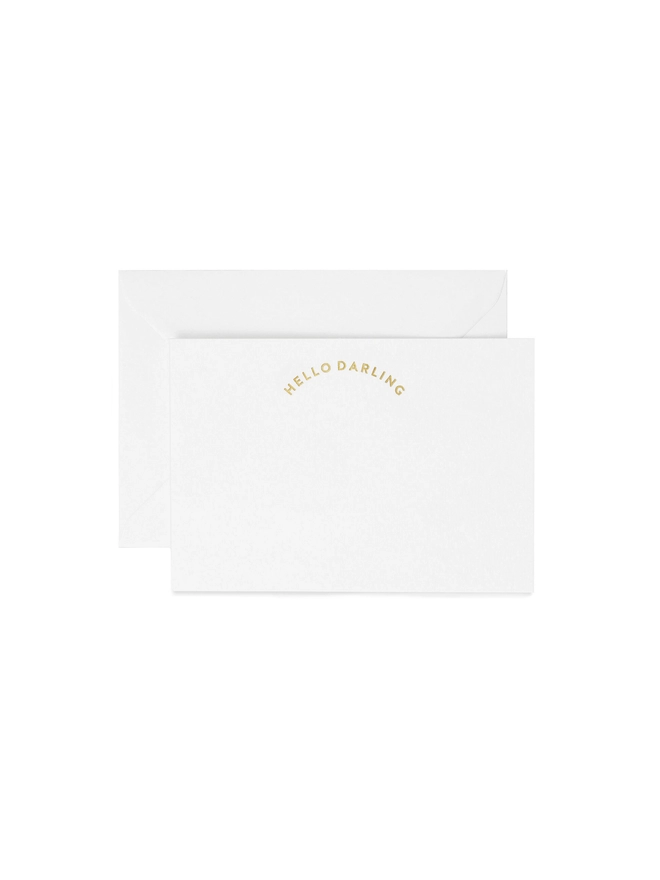 Notecard set on white paper that says 'Hello Darling' in Gold Foil, with an Envelope that has a golden seal