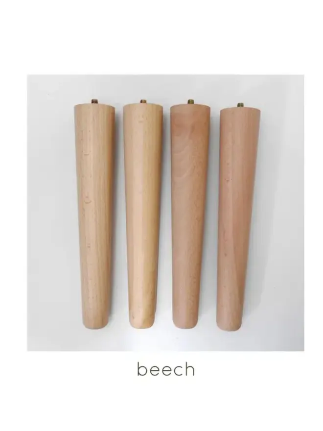 Four tapered beech wooden furniture legs arranged vertically.