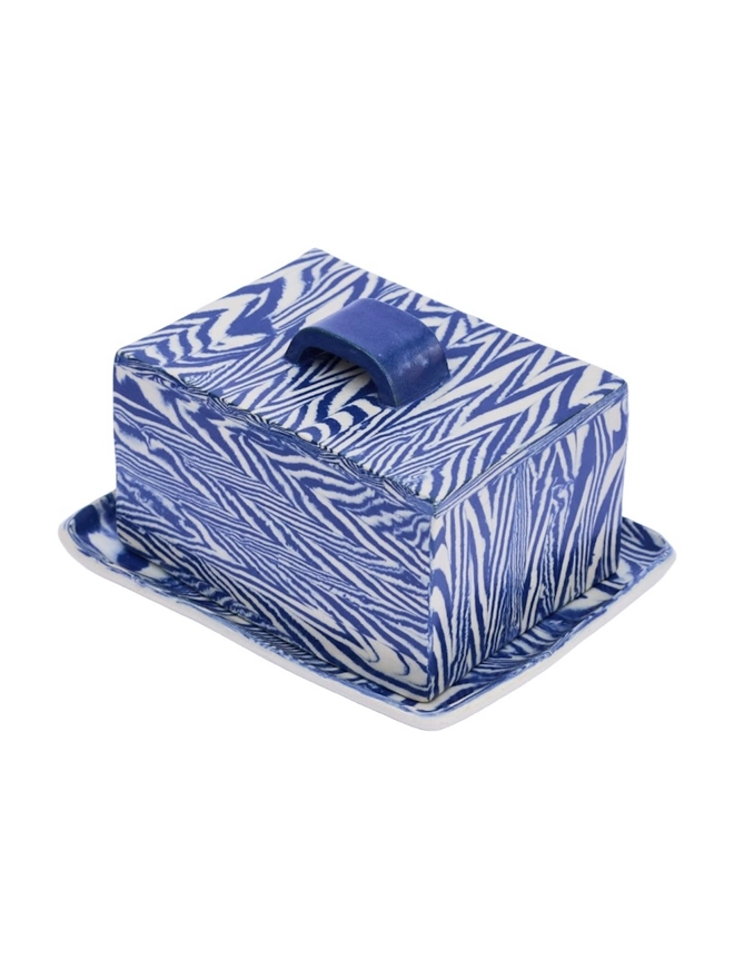 Herringbone Butter Dish, a blue butter dish sitting on a white surface. 