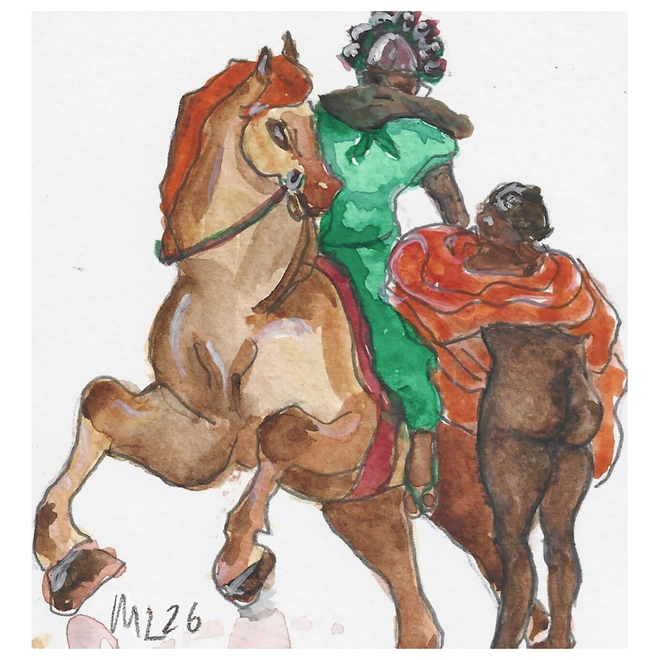 watercolour art piece of two women and a horse
