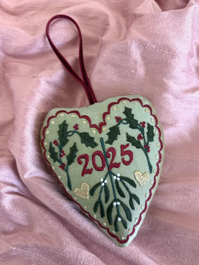 holly and mistletoe silk green ornament - personalised, silk heart with red gold and green threads and a red velvet ribbon