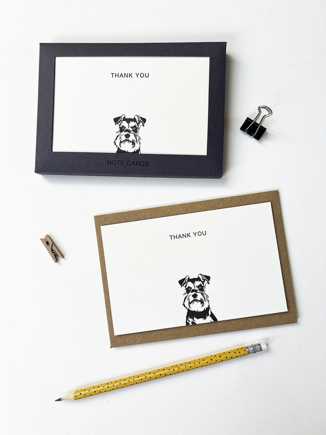 Boxed flat correspondence cards illustrated with a Schnauzer puppy, thank you printed at the top of the cards