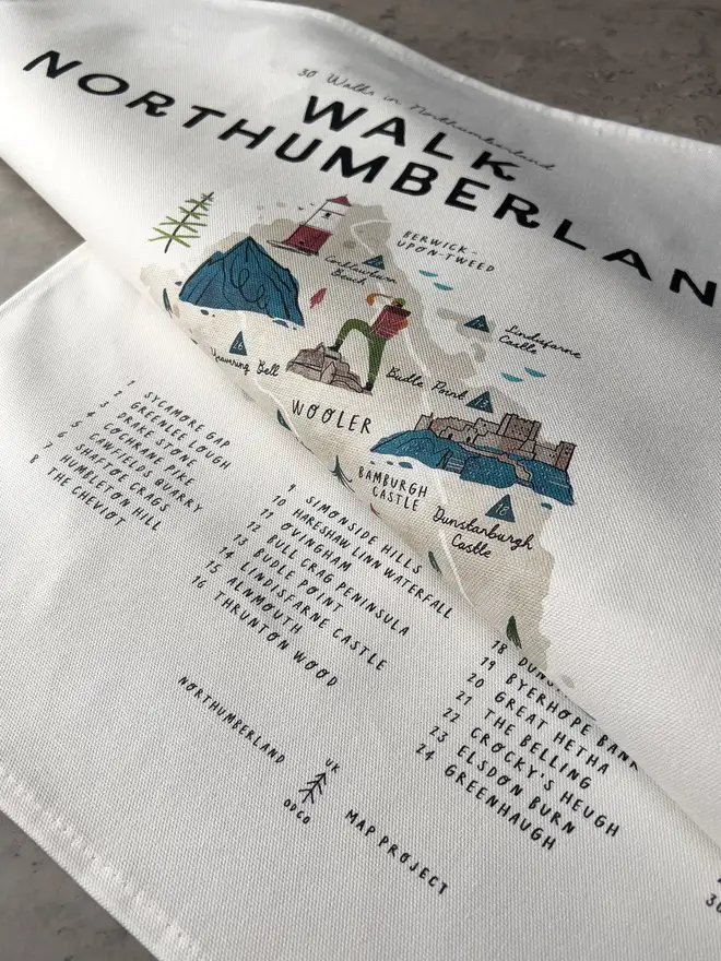 northumberland walking map tea towel