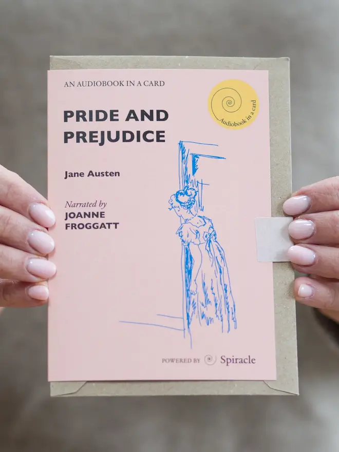 Pride And Prejudice Choose Your Own Audiobook In A Card, being held. 