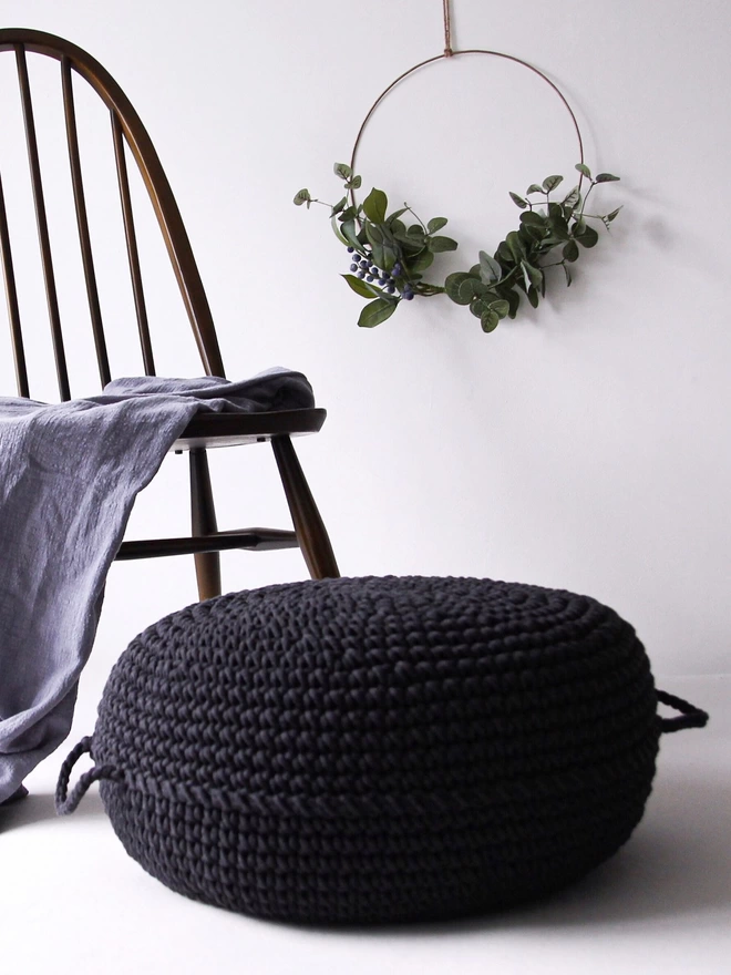 charcoal hand crocheted ottoman pouffe