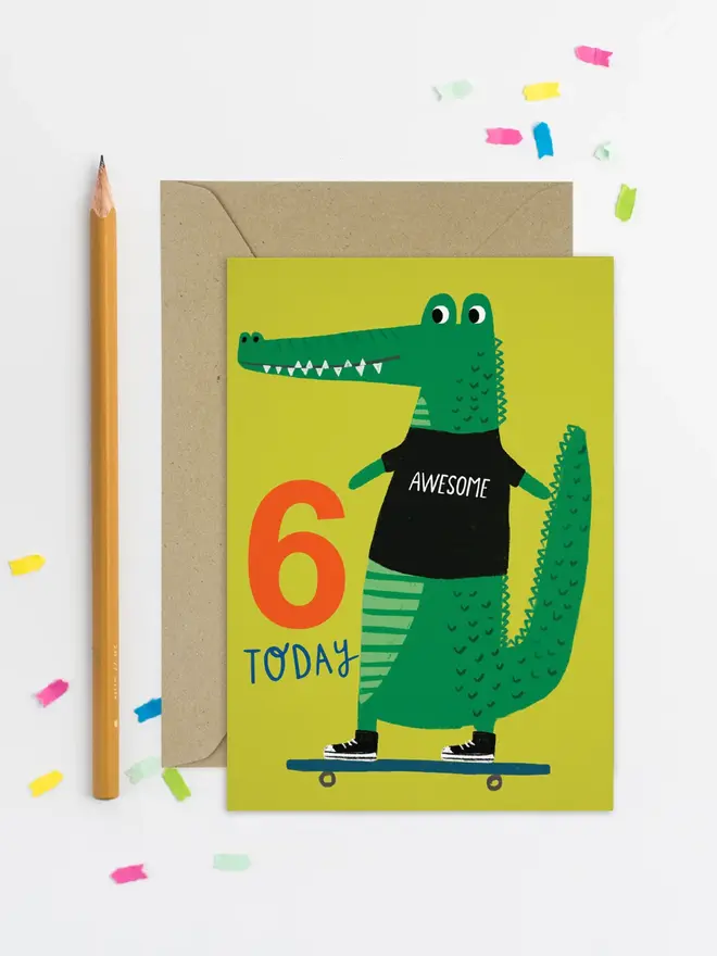 '6 Today Awesome' Skateboarding Croc 6th Birthday Card