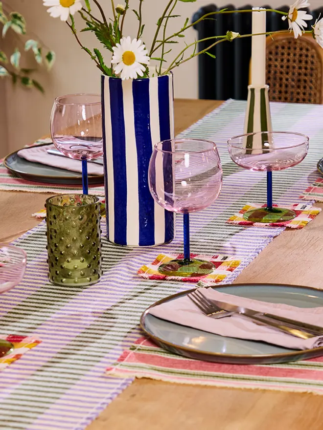 Pink Sherbet Placemats. Pink Sherbet Placemats as part of a tablescape with Rhubarb & Custard Coasters and a Parma Violet Runner.