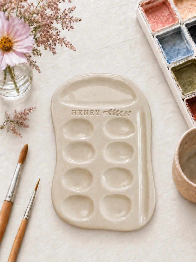 handmade personalised ceramic paint palette, jenny hopps pottery