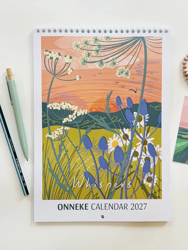 Cover of the onneke wall calendar for 2027, Wall Calendar, Illustrated Calendar, Double Page Calendar, A4 Calendar, Nature Calendar, Art Calendar, Whispers Collection, Nature Inspired, Mindful Living, Slow Living, Nature Lover Gift, Outdoor Lover Gift, Recycled Paper, Eco Friendly Gift, Sustainable Stationery, UK Made, Illustrated Stationery, Onneke Studio