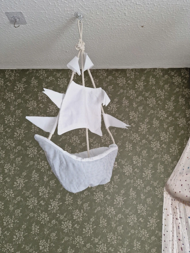 Linen Sailboat Crib Mobile, Nautical Baby Nursery Decor, Ocean Theme Hanging Ornament