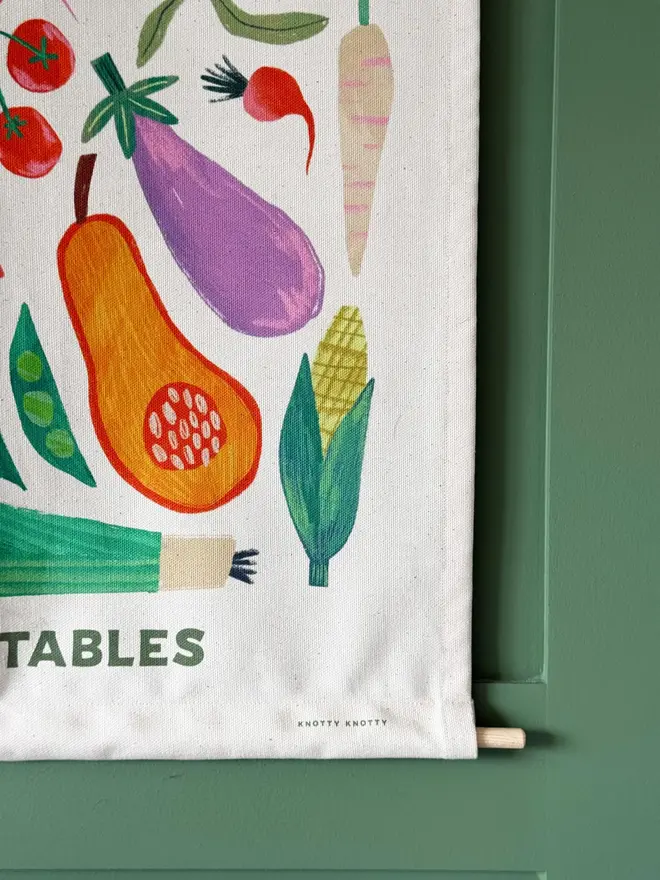 Vegetable Print Fabric Banner, against a green wall. 