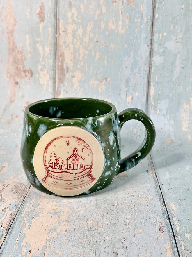 Green Christmas Snow Globe Mug, Handmade Ceramic Cup