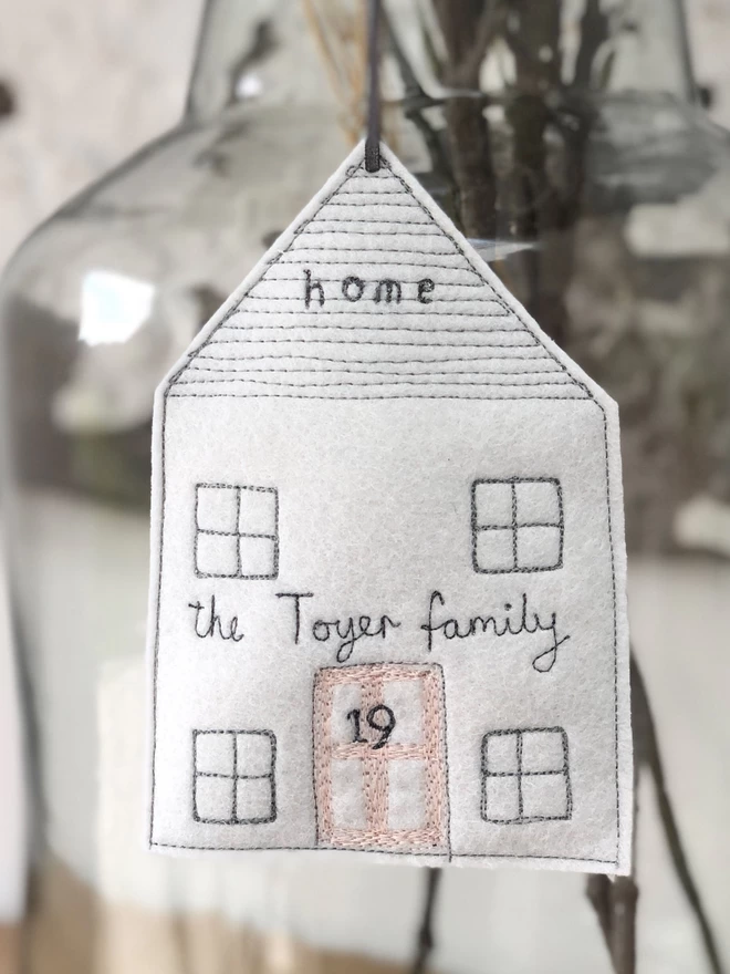 Home Personalised Embroidered Felt Decoration on glass vase