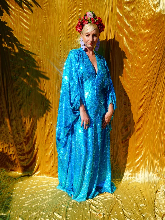 Turquoise Holographic Sequin V-neck Kaftan Gown